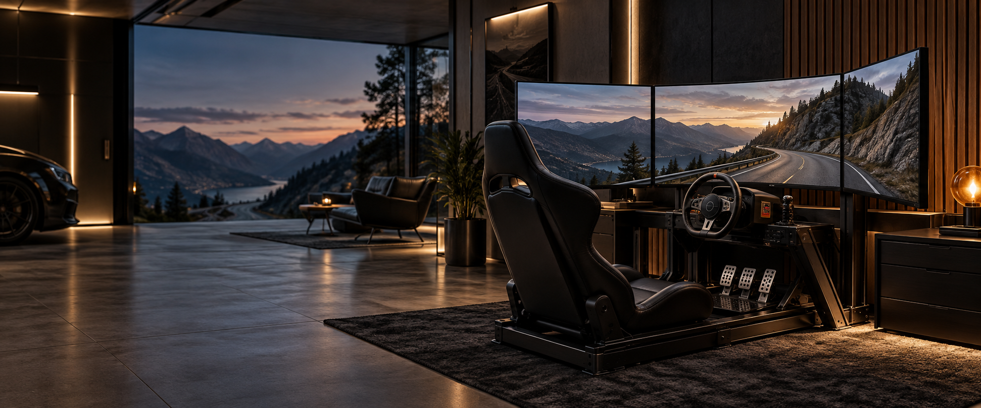 A premium racing simulator room overlooking a mountain road at dusk